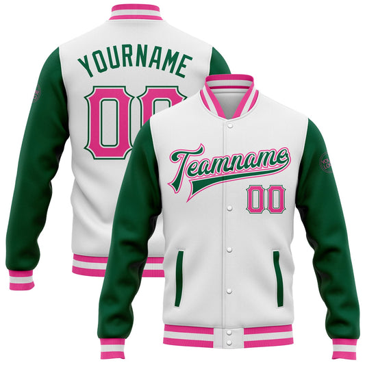 Custom White Pink-Kelly Green Bomber Full-Snap Varsity Letterman Two Tone Jacket - Main View