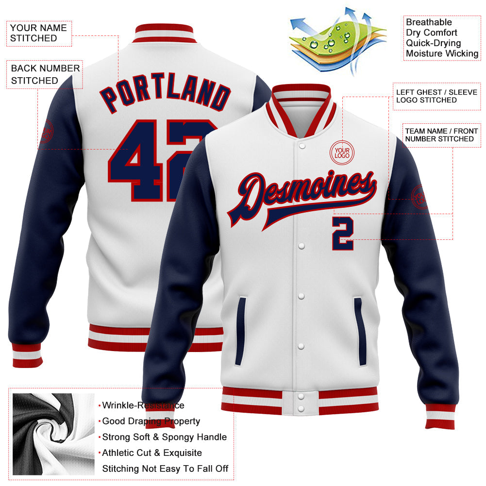 Custom White Navy-Red Bomber Full-Snap Varsity Letterman Two Tone Jacket view 5
