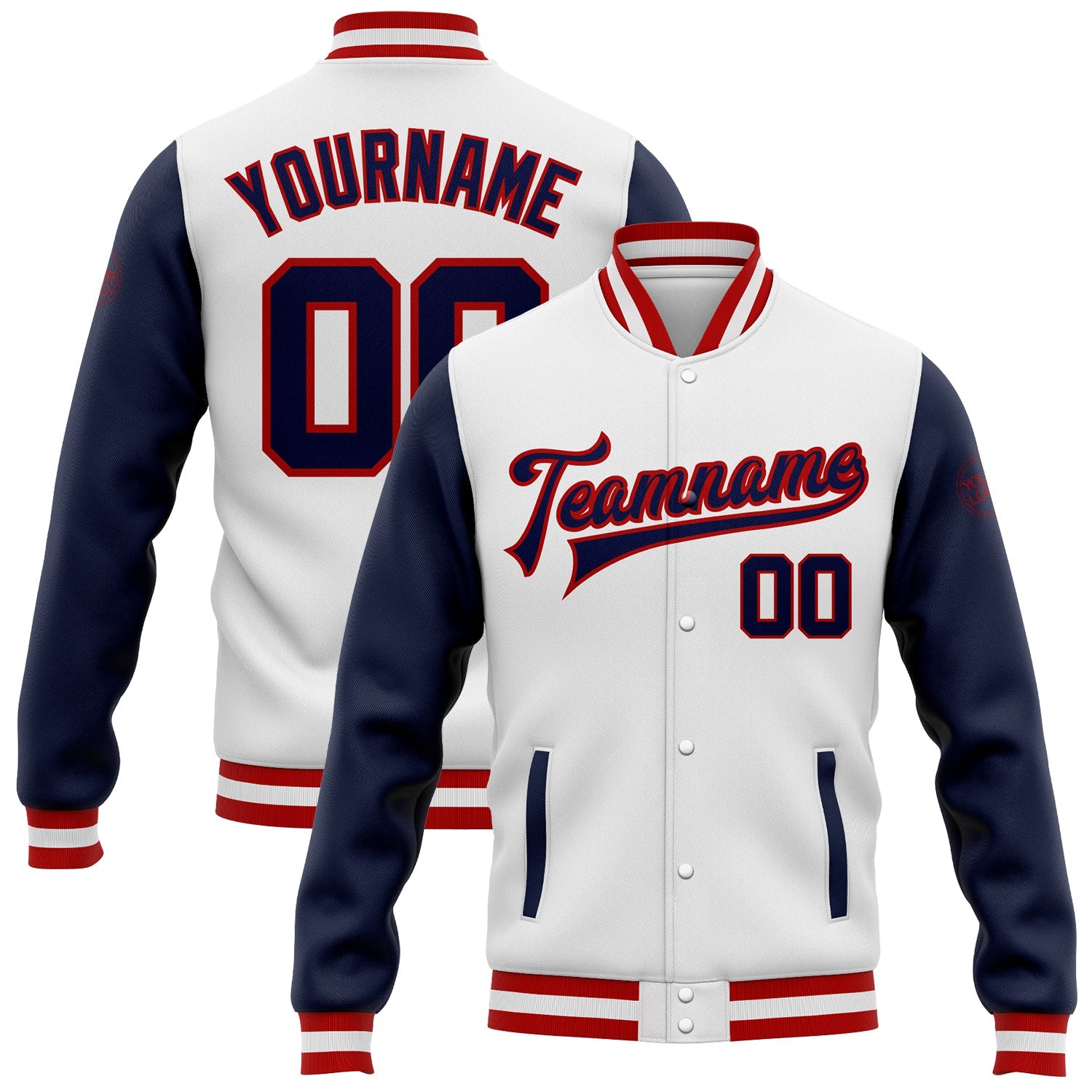 Custom White Navy-Red Bomber Full-Snap Varsity Letterman Two Tone Jacket - Main View