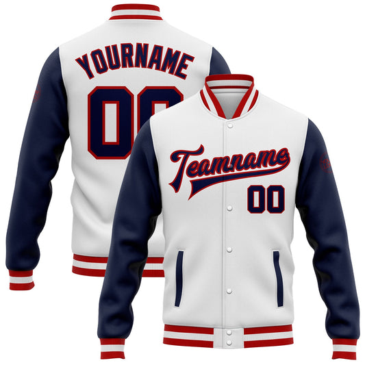 Custom White Navy-Red Bomber Full-Snap Varsity Letterman Two Tone Jacket - Main View