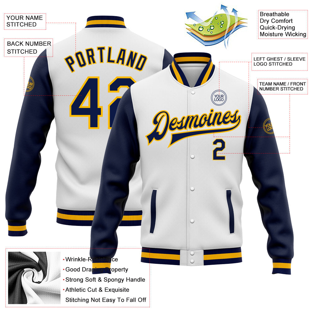 Custom White Navy-Gold Bomber Full-Snap Varsity Letterman Two Tone Jacket view 5