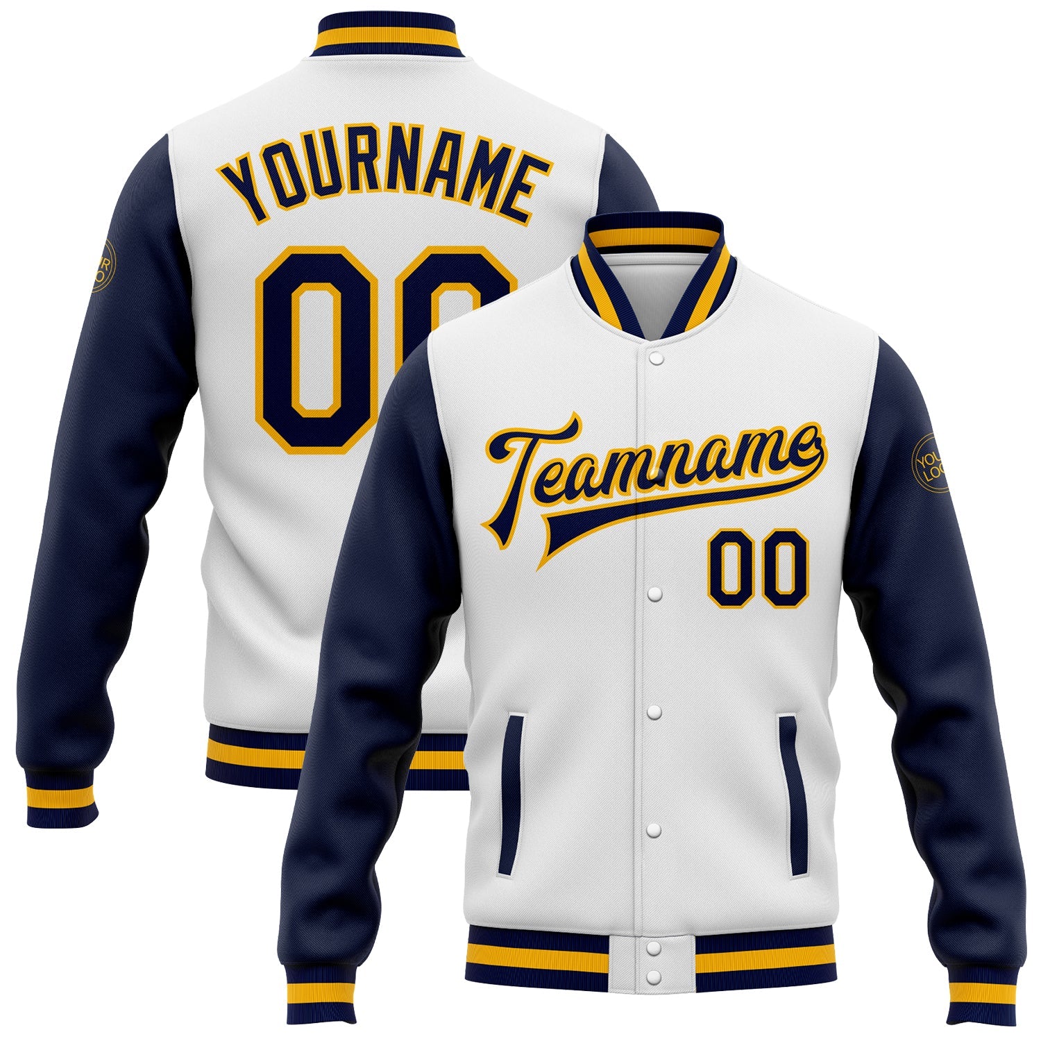 Custom White Navy-Gold Bomber Full-Snap Varsity Letterman Two Tone Jacket - Main View