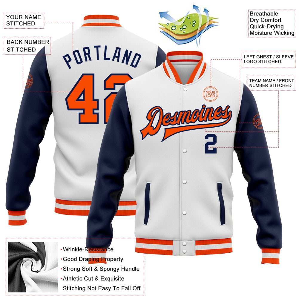 Custom White Orange-Navy Bomber Full-Snap Varsity Letterman Two Tone Jacket view 5