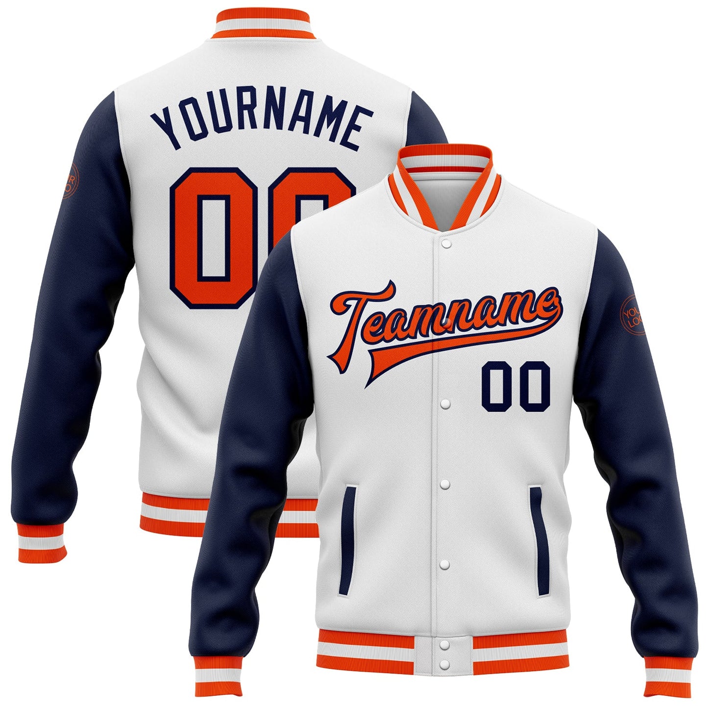 Custom White Orange-Navy Bomber Full-Snap Varsity Letterman Two Tone Jacket - Main View
