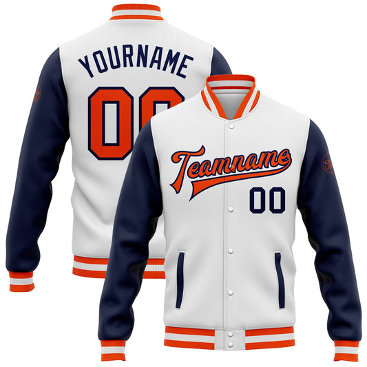 Custom White Orange-Navy Bomber Full-Snap Varsity Letterman Two Tone Jacket - Main View