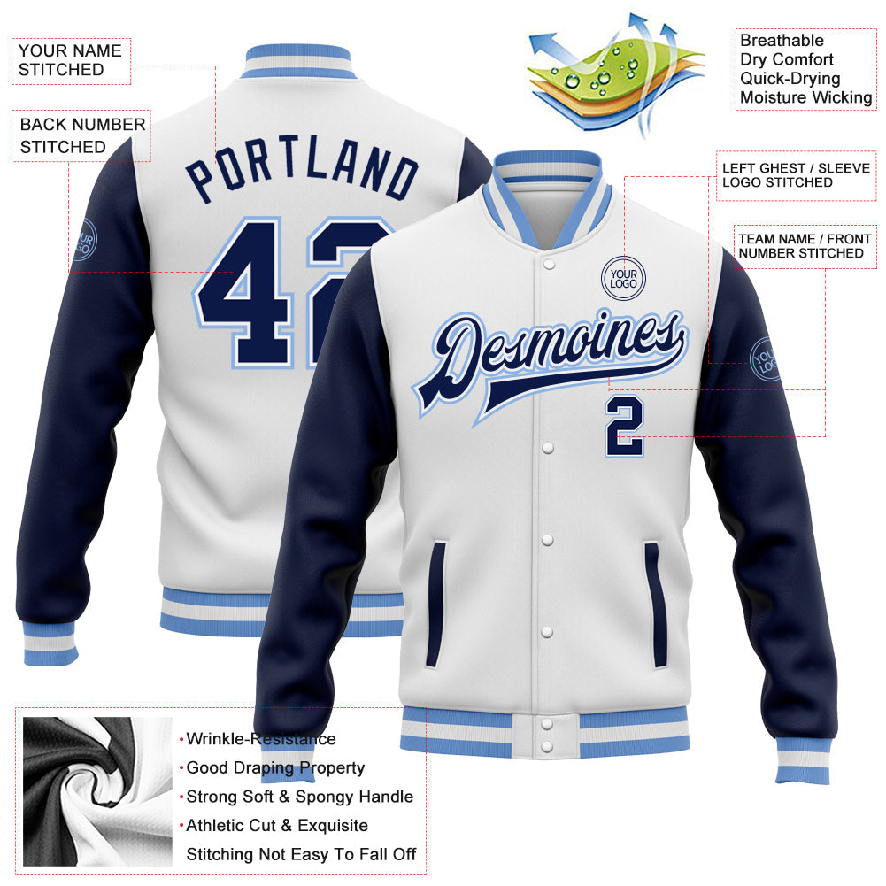 Custom White Navy-Light Blue Bomber Full-Snap Varsity Letterman Two Tone Jacket view 5