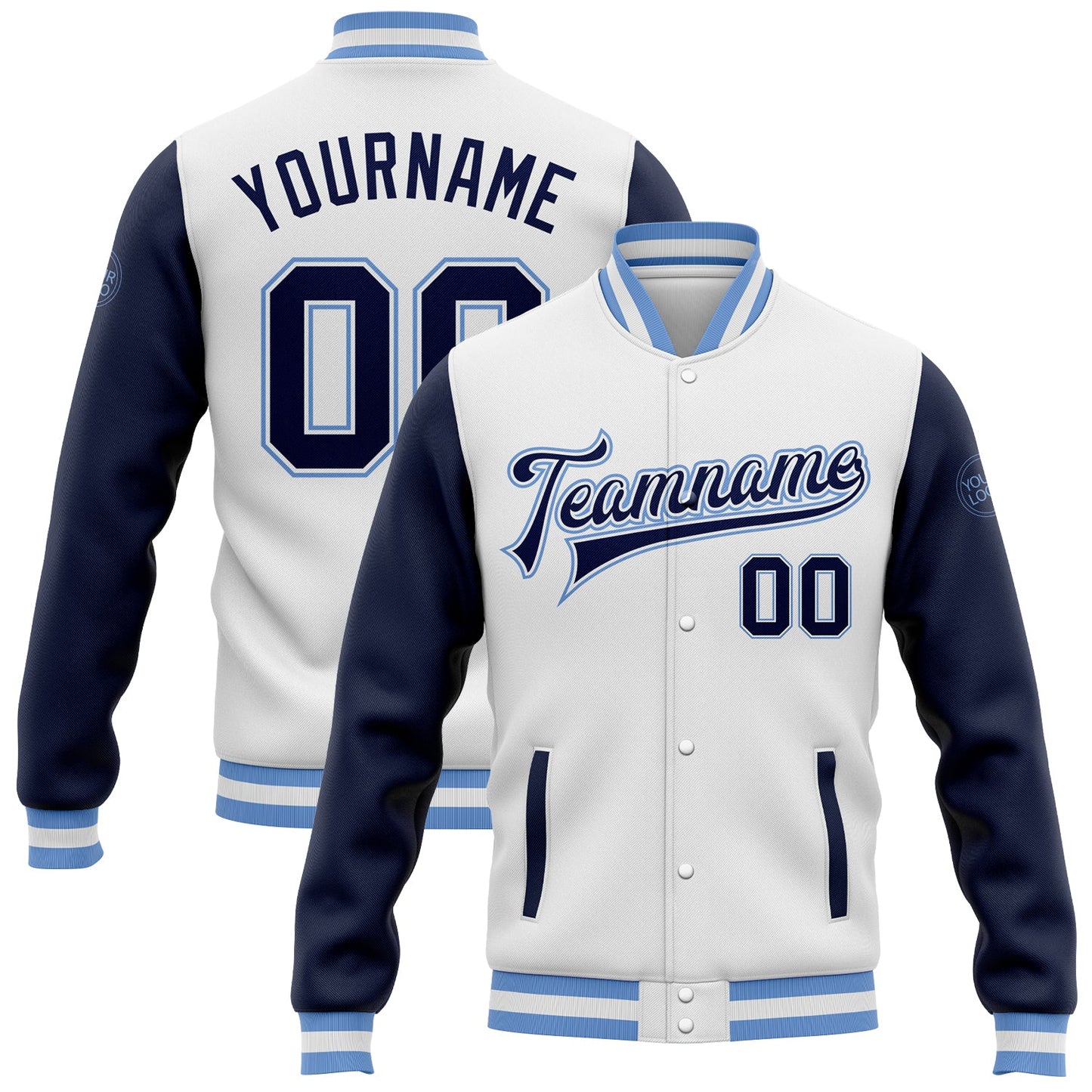 Custom White Navy-Light Blue Bomber Full-Snap Varsity Letterman Two Tone Jacket - Main View