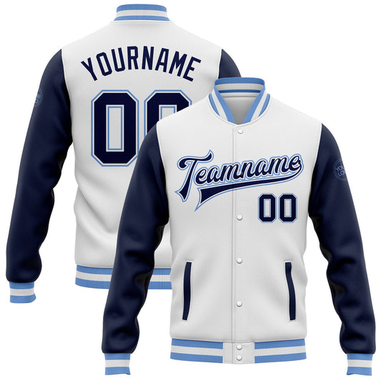 Custom White Navy-Light Blue Bomber Full-Snap Varsity Letterman Two Tone Jacket - Main View
