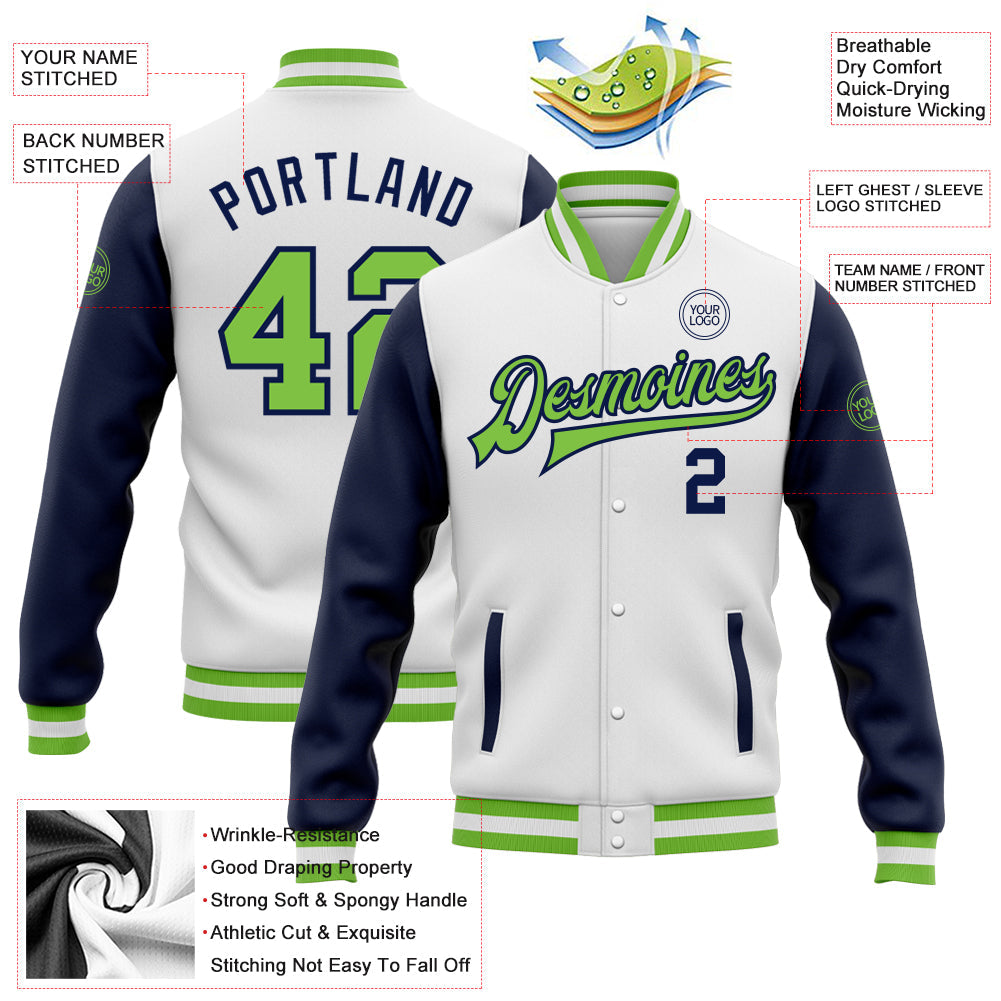 Custom White Neon Green-Navy Bomber Full-Snap Varsity Letterman Two Tone Jacket view 5
