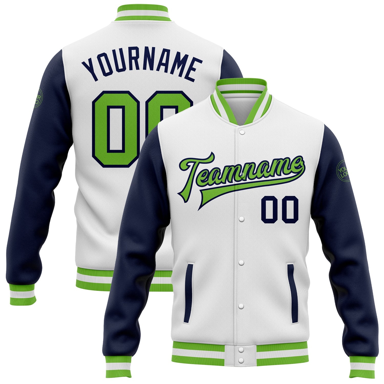 Custom White Neon Green-Navy Bomber Full-Snap Varsity Letterman Two Tone Jacket - Main View