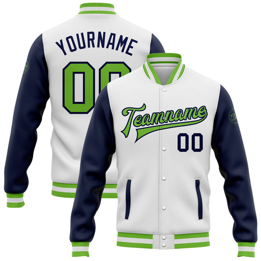 Custom White Neon Green-Navy Bomber Full-Snap Varsity Letterman Two Tone Jacket - Main View