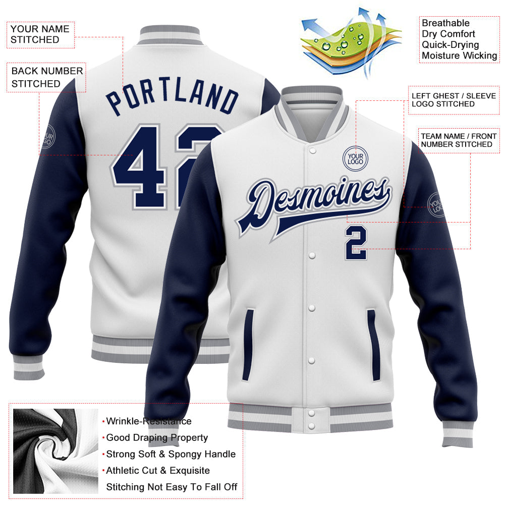Custom White Navy-Gray Bomber Full-Snap Varsity Letterman Two Tone Jacket view 5