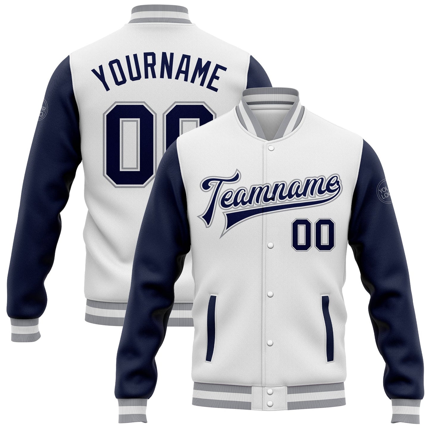 Custom White Navy-Gray Bomber Full-Snap Varsity Letterman Two Tone Jacket - Main View