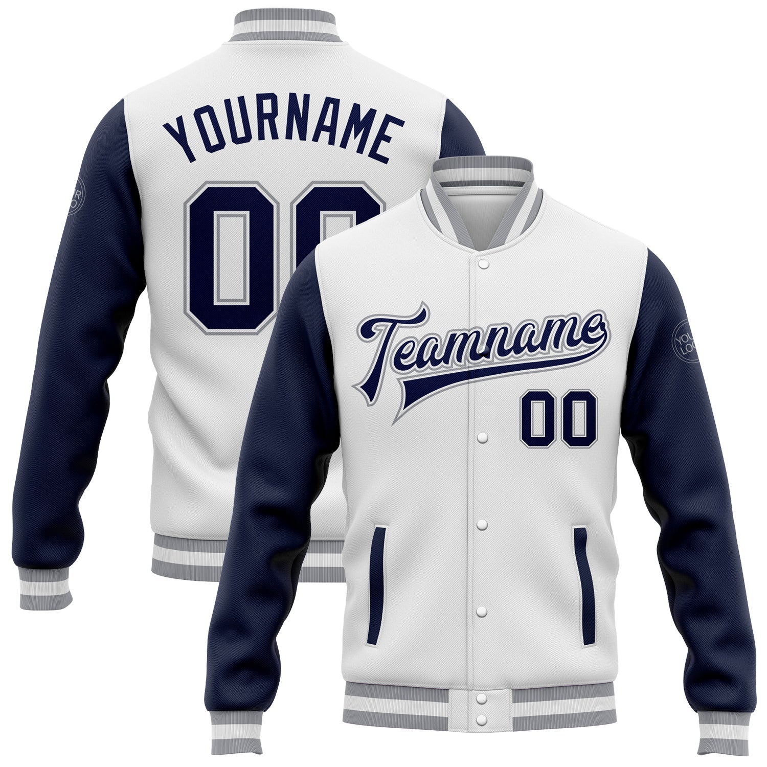 Custom White Navy-Gray Bomber Full-Snap Varsity Letterman Two Tone Jacket - Main View