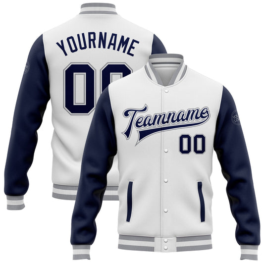 Custom White Navy-Gray Bomber Full-Snap Varsity Letterman Two Tone Jacket - Main View