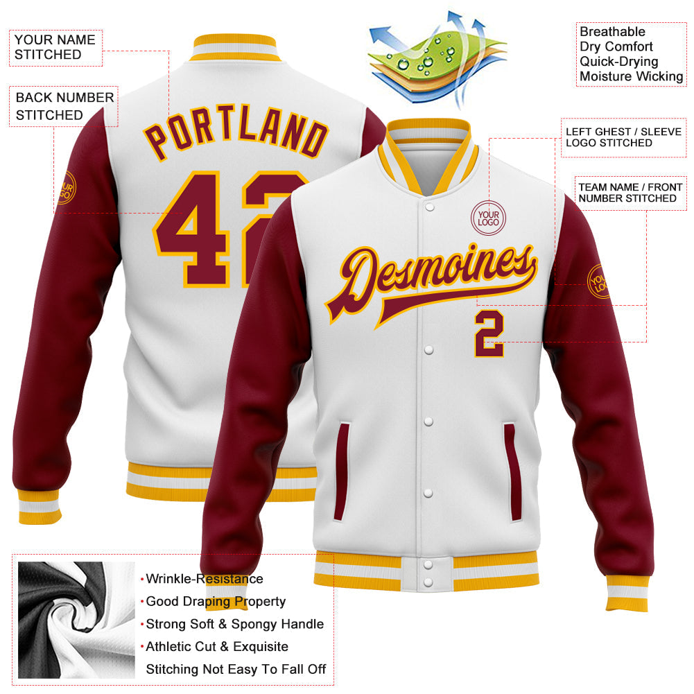 Custom White Crimson-Gold Bomber Full-Snap Varsity Letterman Two Tone Jacket view 5