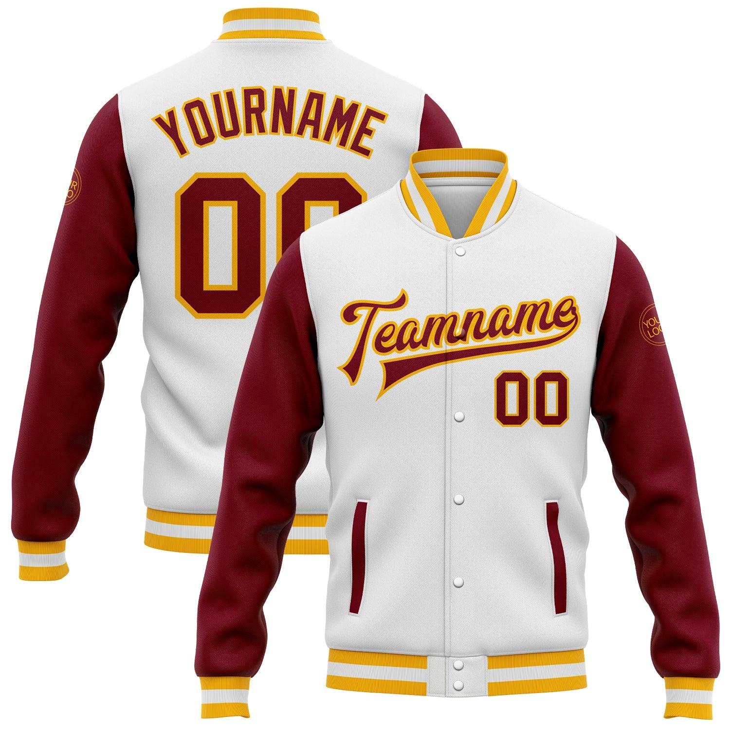 Custom White Crimson-Gold Bomber Full-Snap Varsity Letterman Two Tone Jacket - Main View