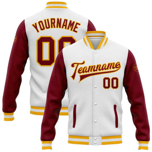 Custom White Crimson-Gold Bomber Full-Snap Varsity Letterman Two Tone Jacket - Main View