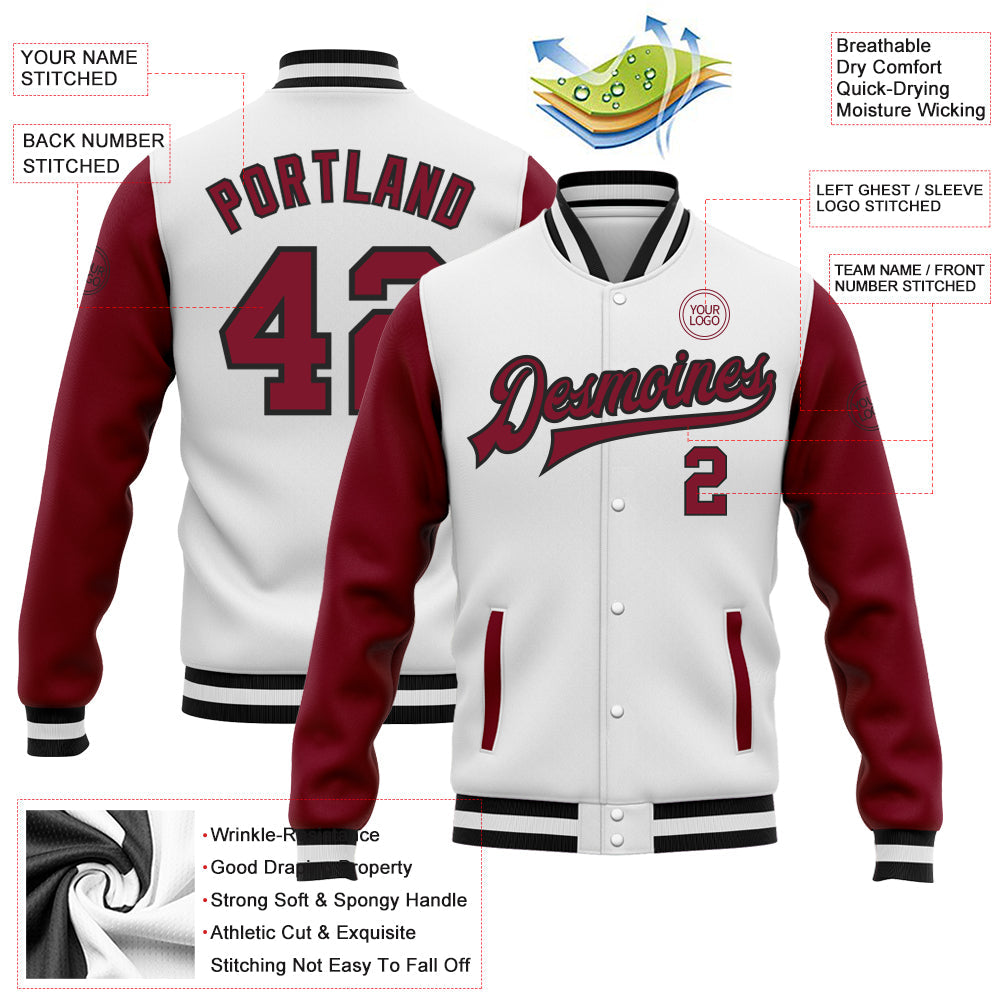 Custom White Crimson-Black Bomber Full-Snap Varsity Letterman Two Tone Jacket view 5