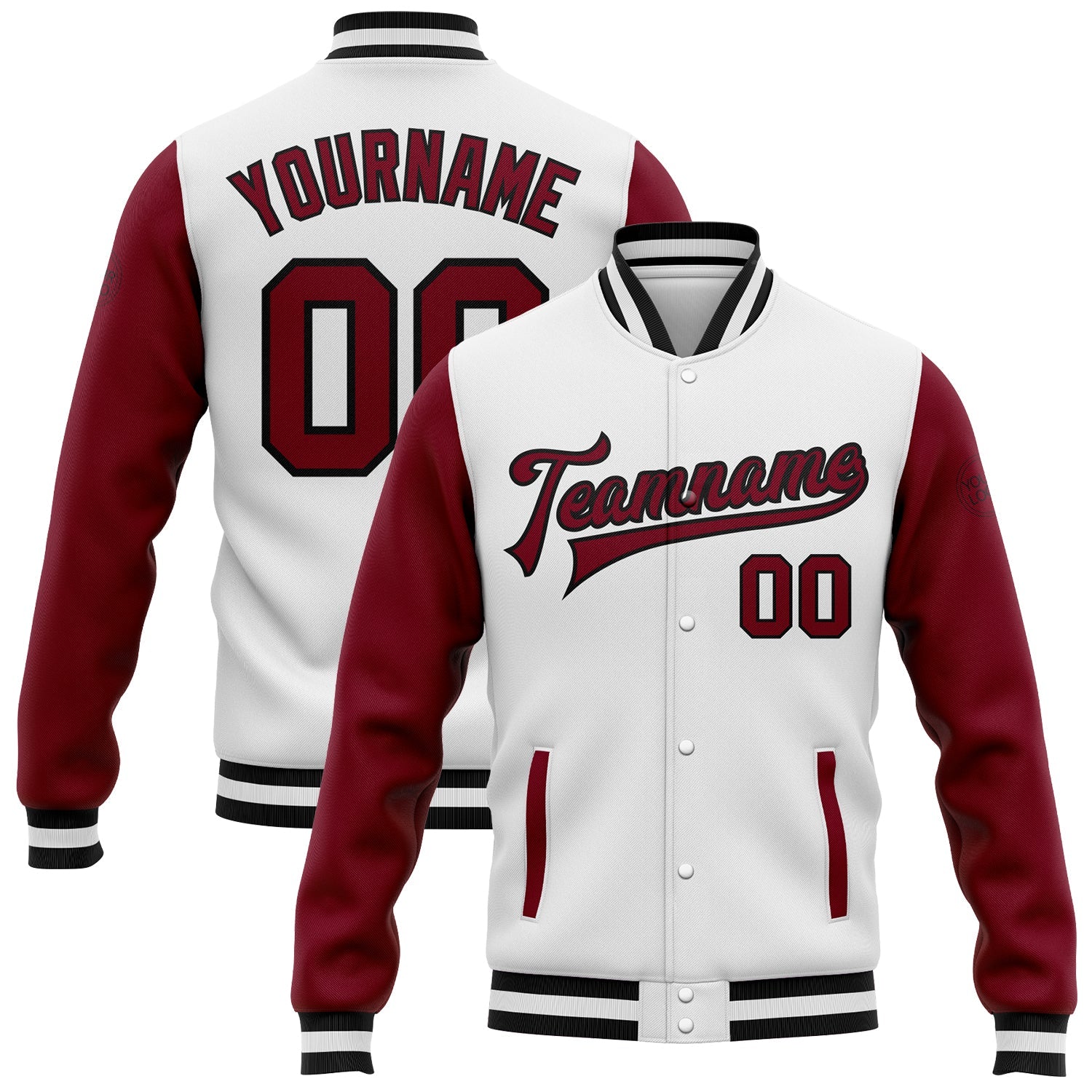 Custom White Crimson-Black Bomber Full-Snap Varsity Letterman Two Tone Jacket - Main View