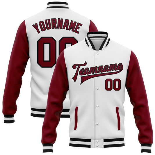 Custom White Crimson-Black Bomber Full-Snap Varsity Letterman Two Tone Jacket - Main View