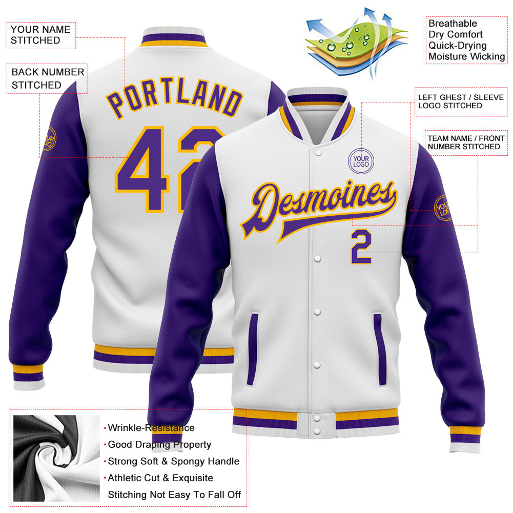 Custom White Purple-Gold Bomber Full-Snap Varsity Letterman Two Tone Jacket view 5