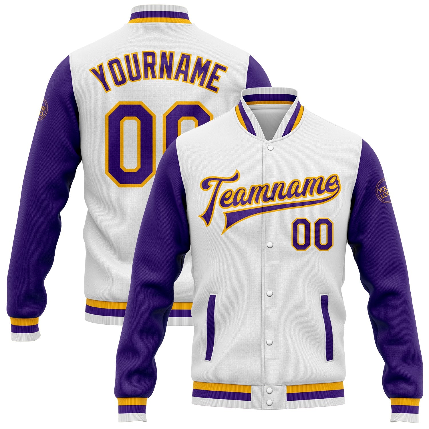 Custom White Purple-Gold Bomber Full-Snap Varsity Letterman Two Tone Jacket - Main View