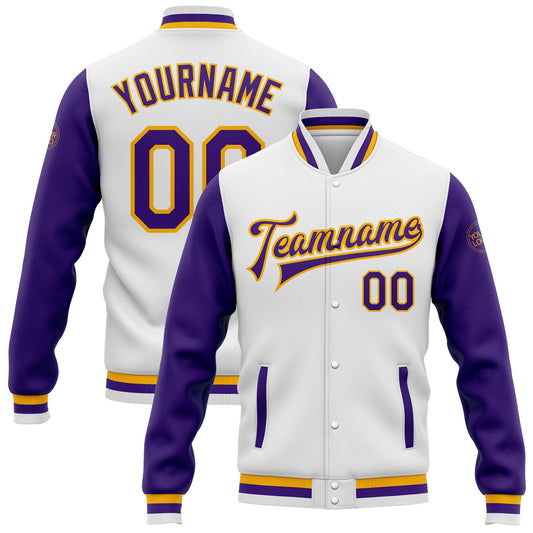 Custom White Purple-Gold Bomber Full-Snap Varsity Letterman Two Tone Jacket - Main View