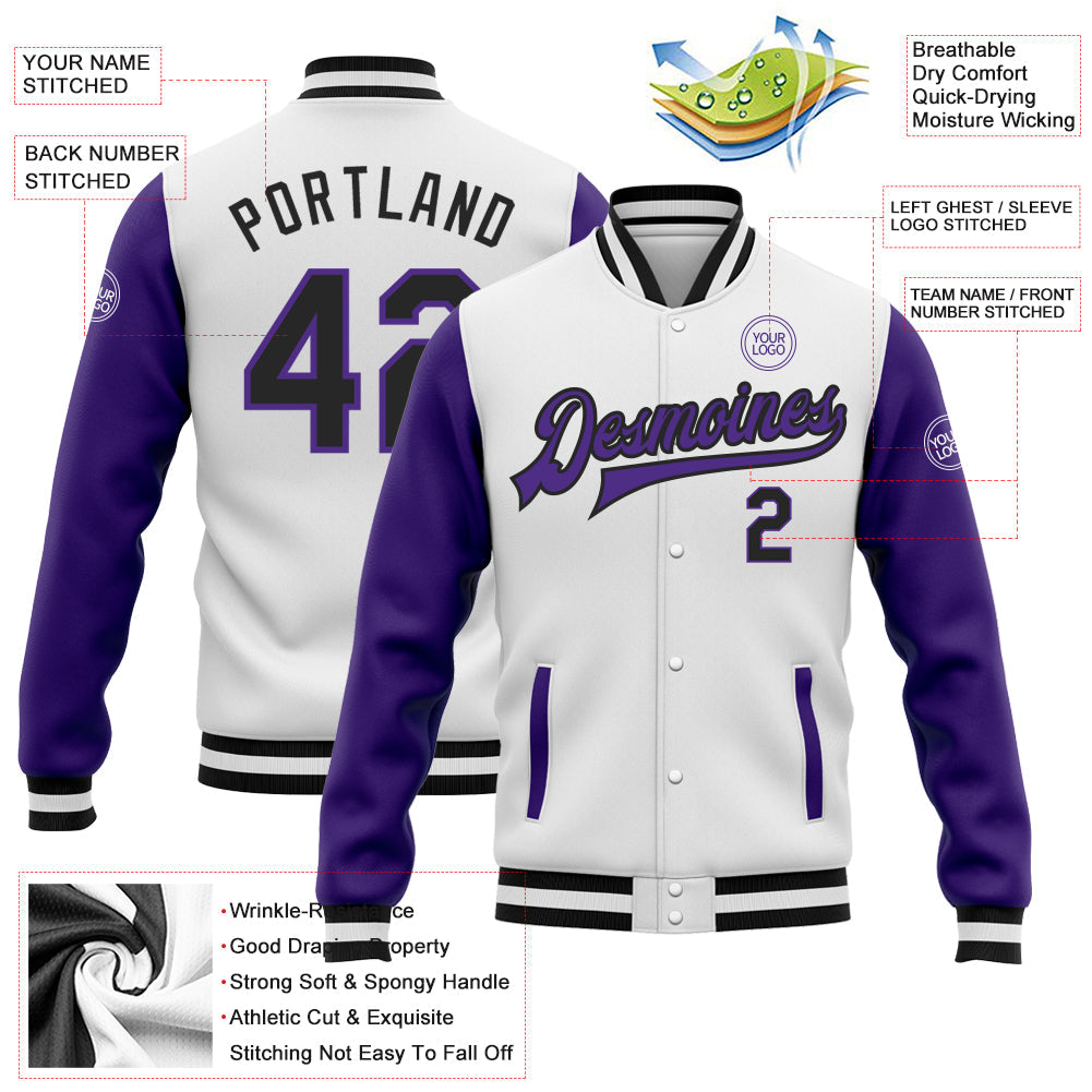 Custom White Black-Purple Bomber Full-Snap Varsity Letterman Two Tone Jacket view 5
