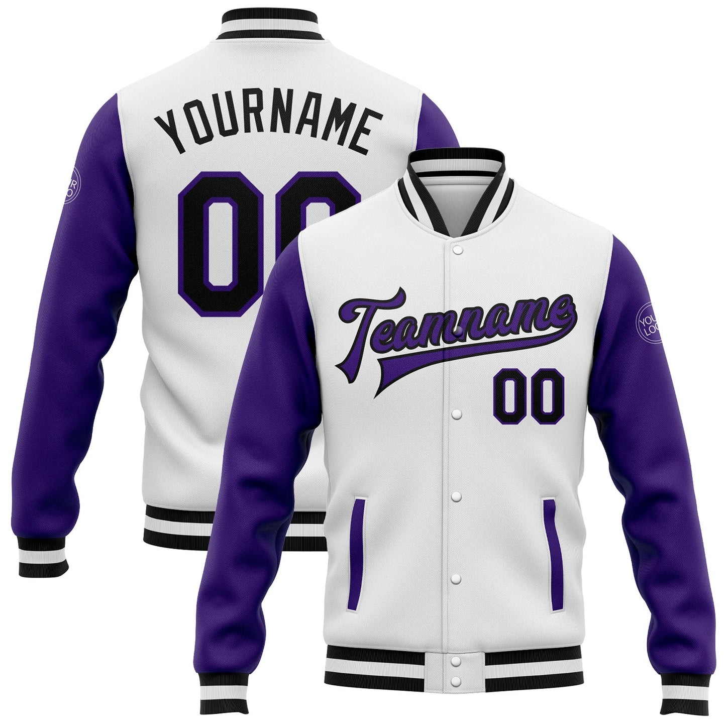Custom White Black-Purple Bomber Full-Snap Varsity Letterman Two Tone Jacket - Main View