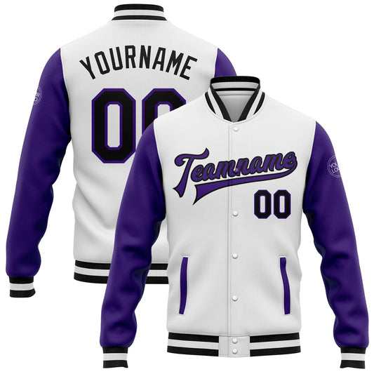 Custom White Black-Purple Bomber Full-Snap Varsity Letterman Two Tone Jacket - Main View