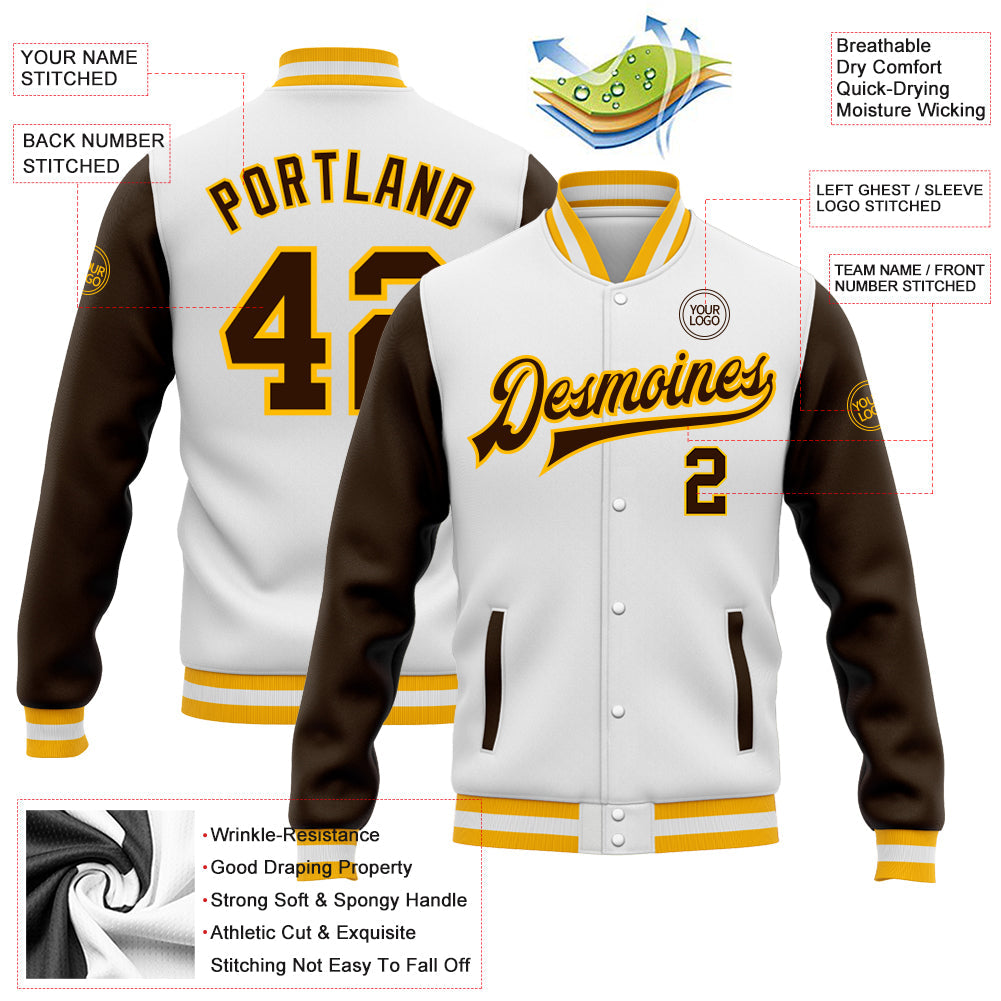 Custom White Brown-Gold Bomber Full-Snap Varsity Letterman Two Tone Jacket view 5