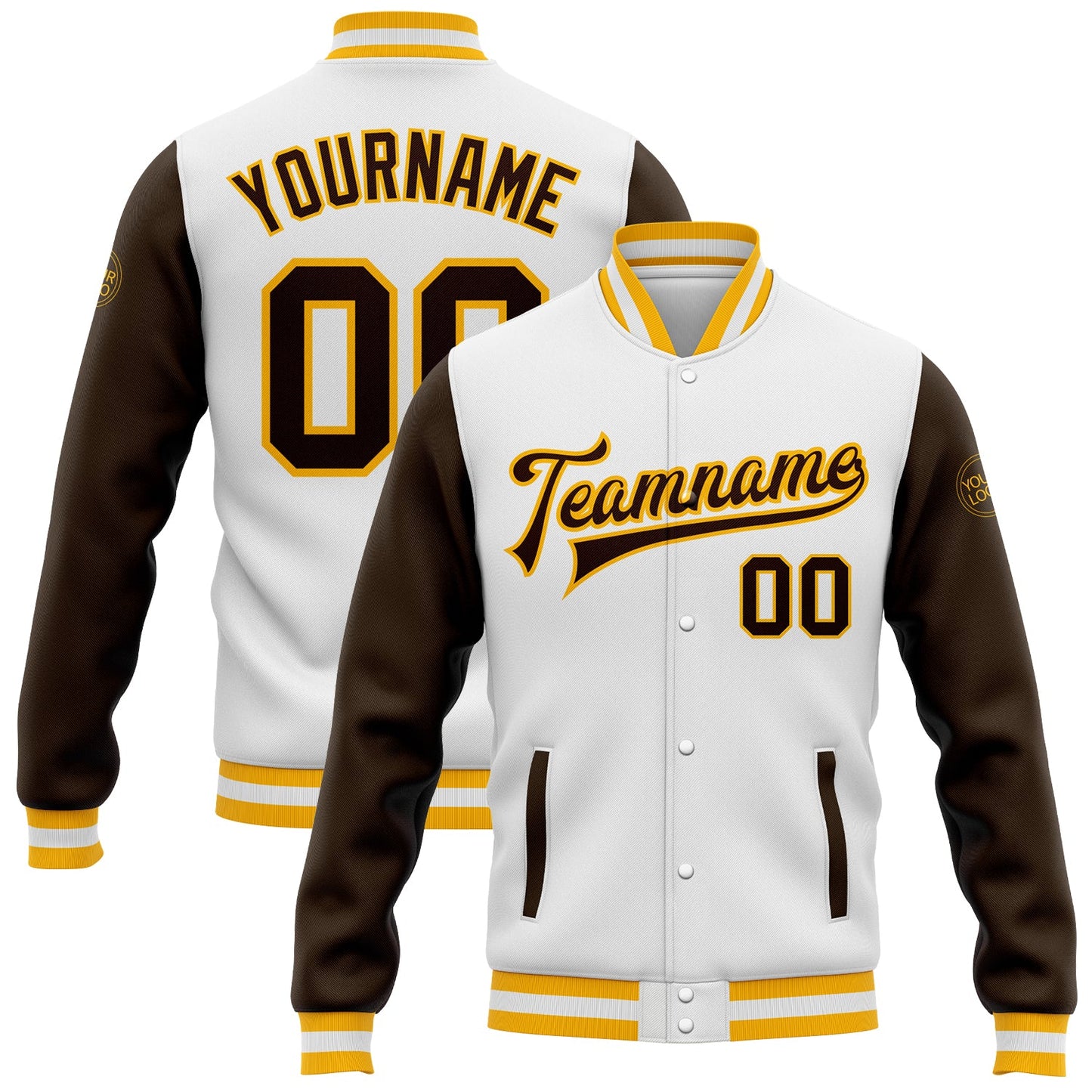 Custom White Brown-Gold Bomber Full-Snap Varsity Letterman Two Tone Jacket - Main View