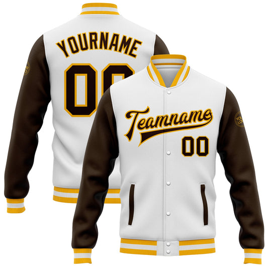 Custom White Brown-Gold Bomber Full-Snap Varsity Letterman Two Tone Jacket - Main View