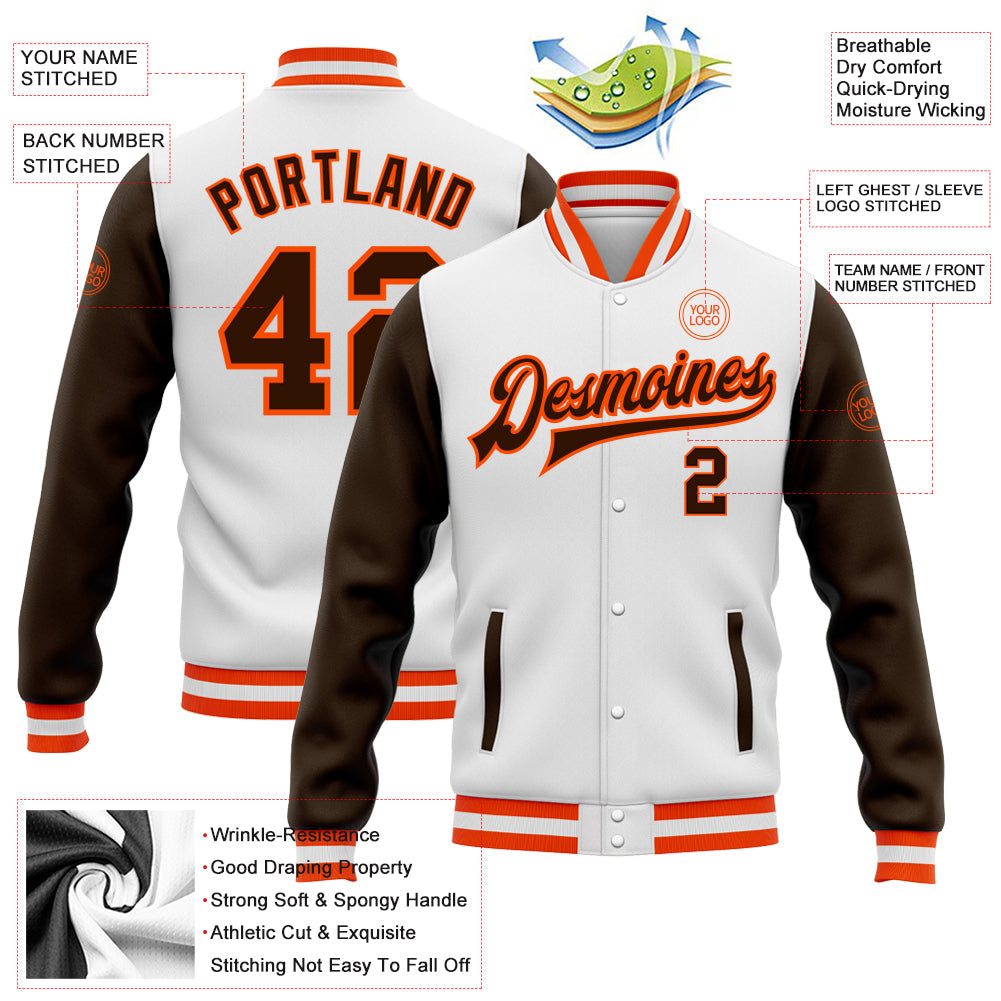 Custom White Brown-Orange Bomber Full-Snap Varsity Letterman Two Tone Jacket view 5
