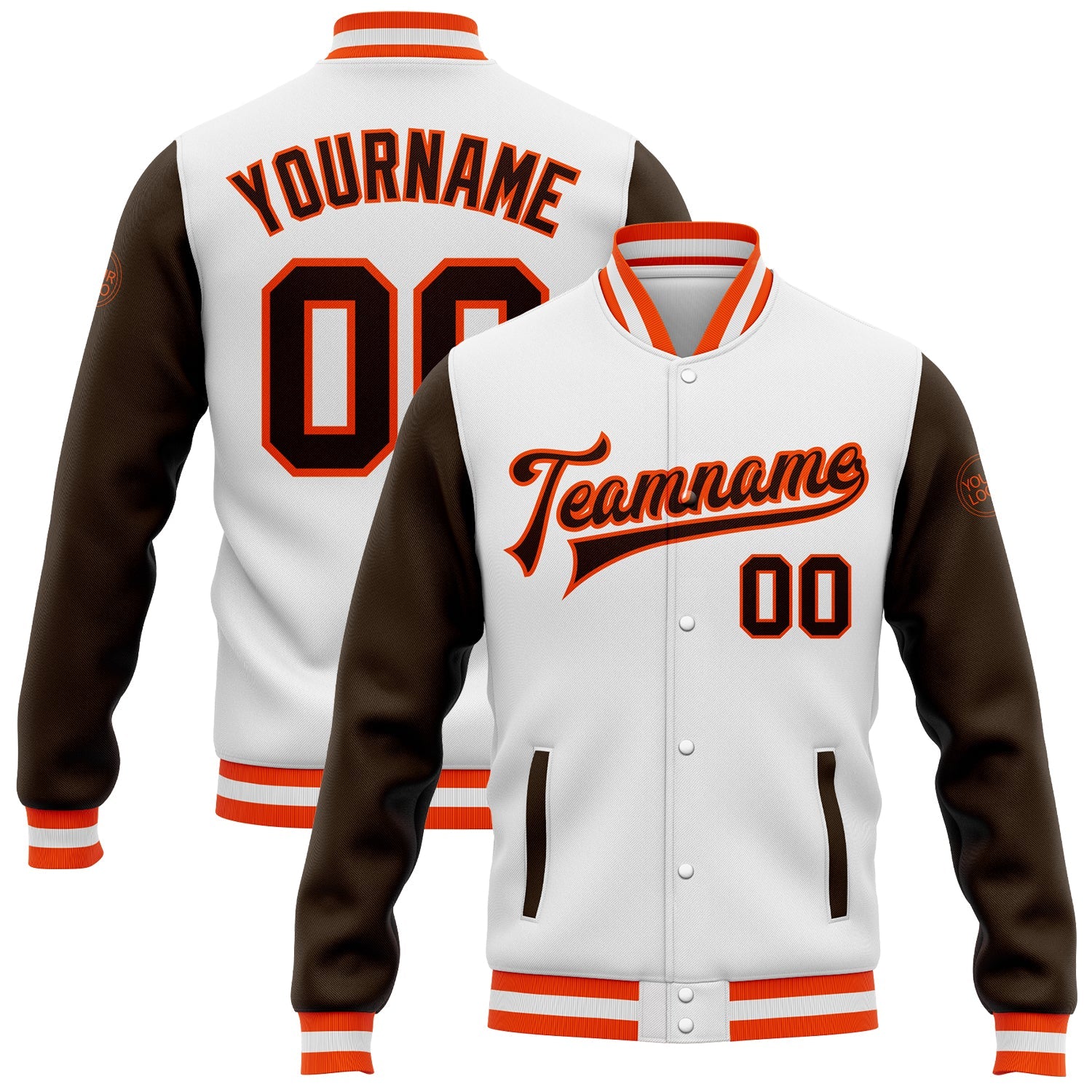 Custom White Brown-Orange Bomber Full-Snap Varsity Letterman Two Tone Jacket - Main View