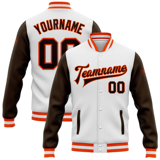 Custom White Brown-Orange Bomber Full-Snap Varsity Letterman Two Tone Jacket - Main View