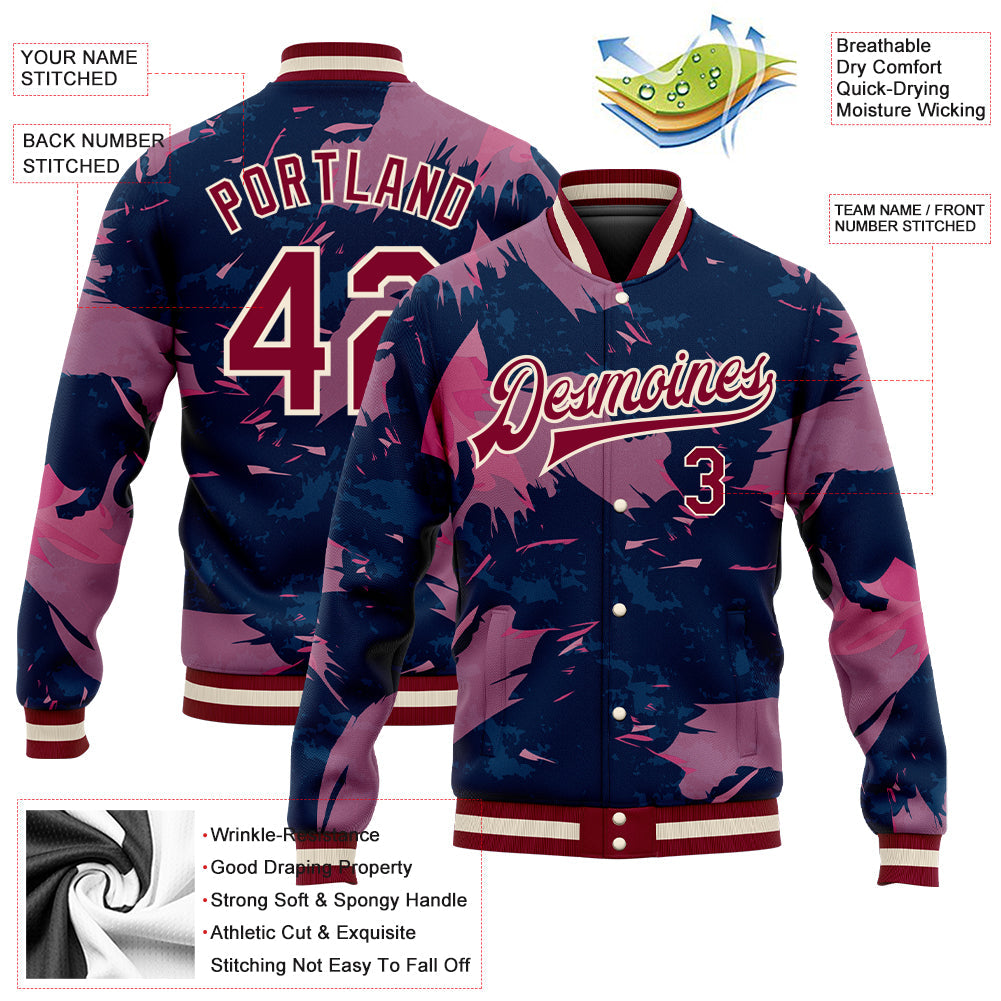 Custom Pink Maroon Cream-Navy 3D Pattern Design Bomber Full-Snap Varsity Letterman Jacket view 5