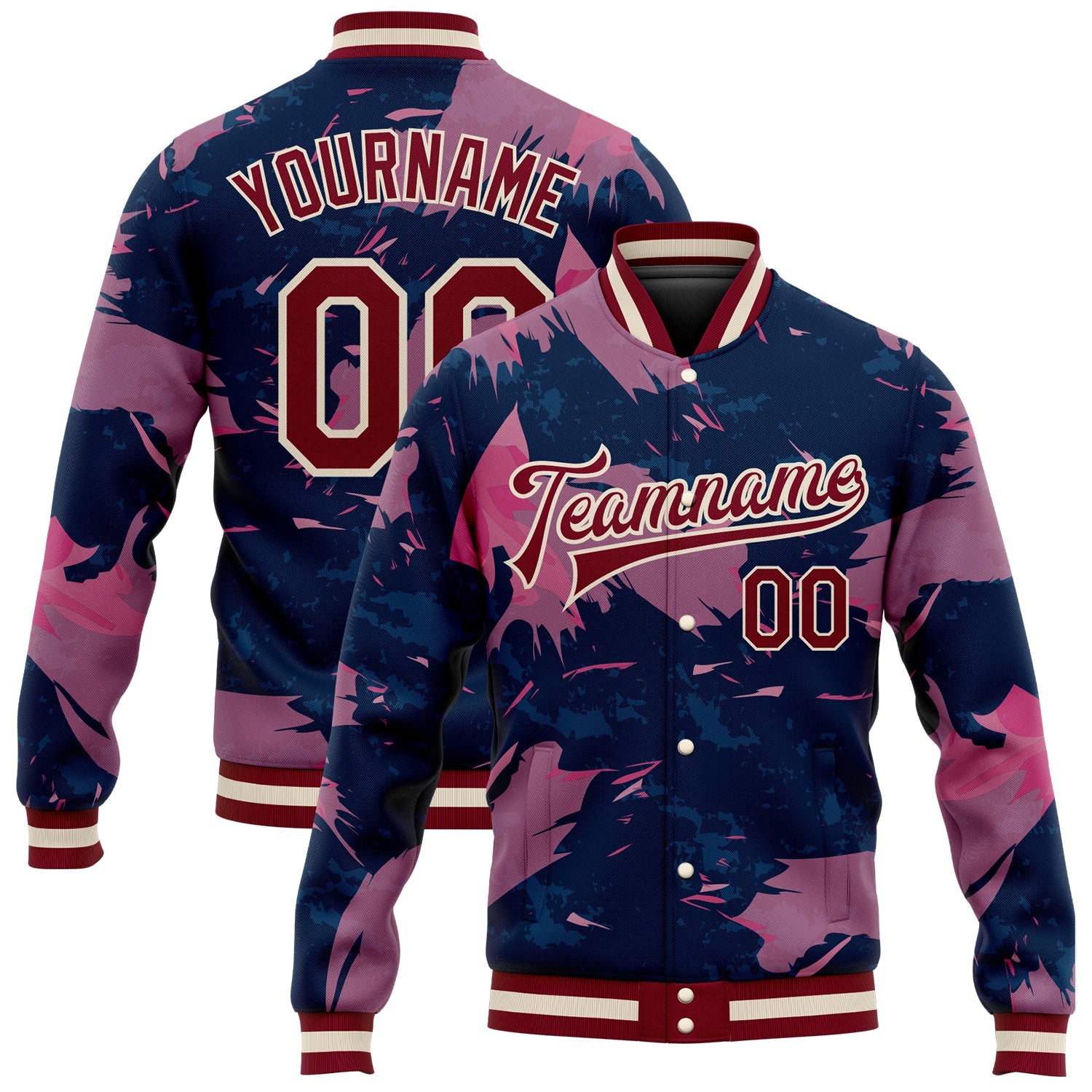 Custom Pink Maroon Cream-Navy 3D Pattern Design Bomber Full-Snap Varsity Letterman Jacket - Main View