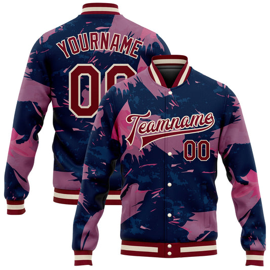 Custom Pink Maroon Cream-Navy 3D Pattern Design Bomber Full-Snap Varsity Letterman Jacket - Main View