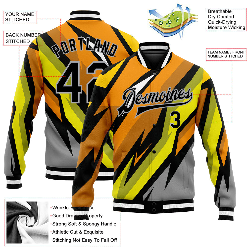 Custom Gray Black Orange-Gold 3D Pattern Design Bomber Full-Snap Varsity Letterman Jacket view 5