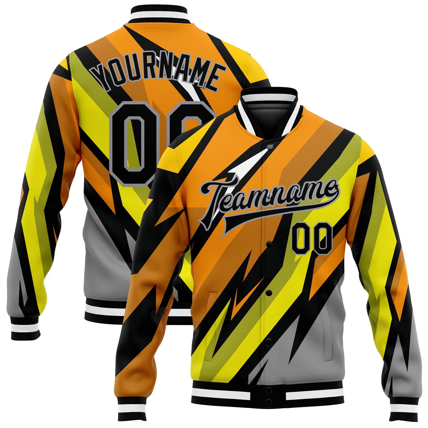 Custom Gray Black Orange-Gold 3D Pattern Design Bomber Full-Snap Varsity Letterman Jacket - Main View