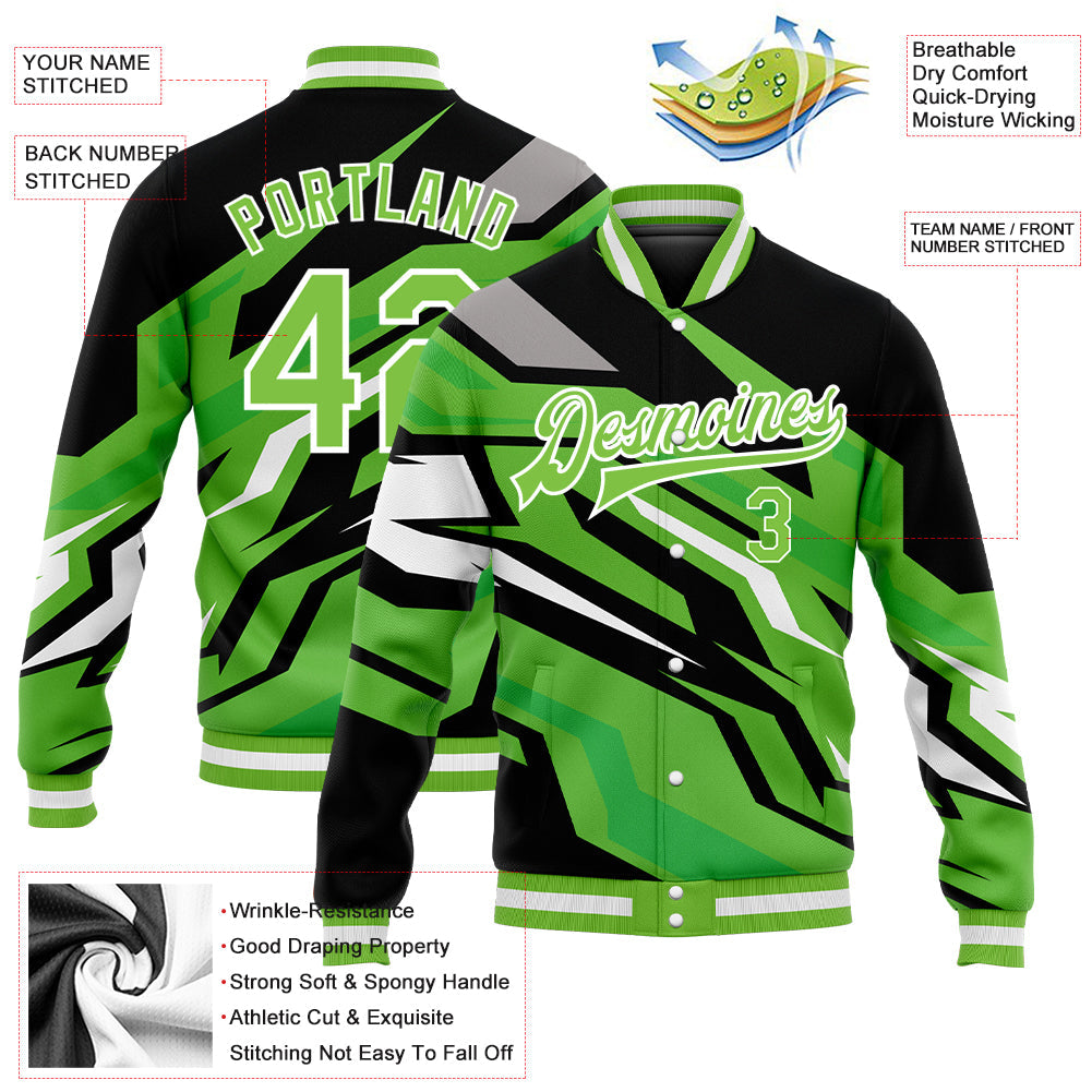 Custom Neon Green Neon Green Black-Gray 3D Pattern Design Bomber Full-Snap Varsity Letterman Jacket view 5