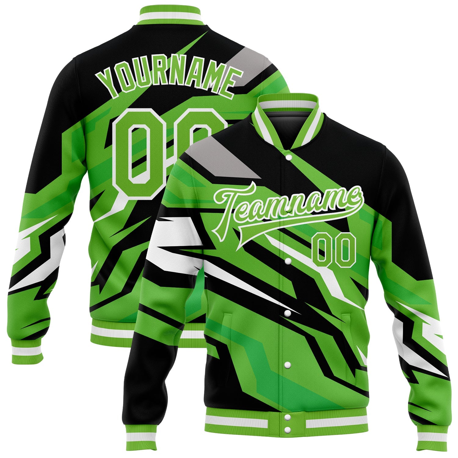 Custom Neon Green Neon Green Black-Gray 3D Pattern Design Bomber Full-Snap Varsity Letterman Jacket - Main View
