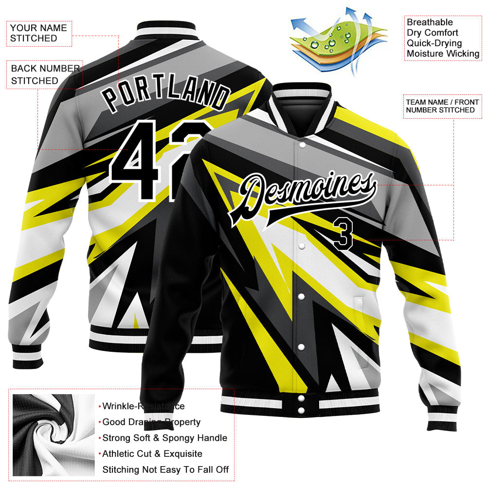 Custom Gray Black-Gold 3D Pattern Design Bomber Full-Snap Varsity Letterman Jacket view 5