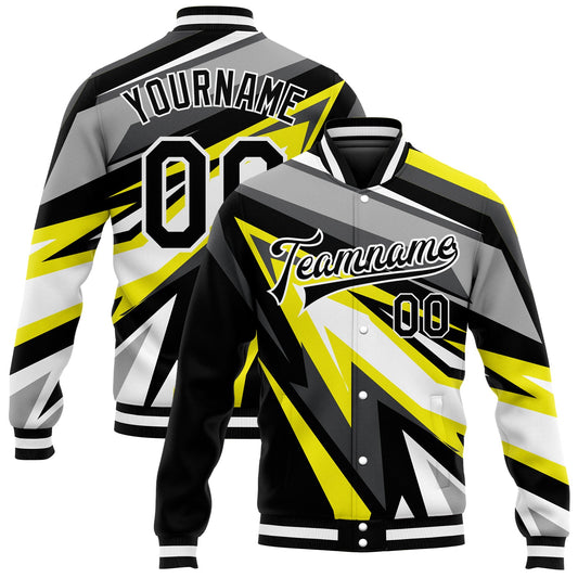 Custom Gray Black-Gold 3D Pattern Design Bomber Full-Snap Varsity Letterman Jacket - Main View