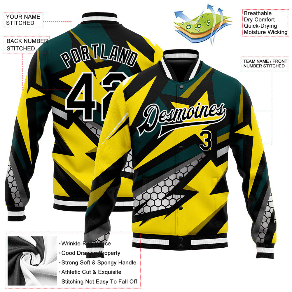 Custom Gold Black-Old Gold 3D Pattern Design Bomber Full-Snap Varsity Letterman Jacket view 5