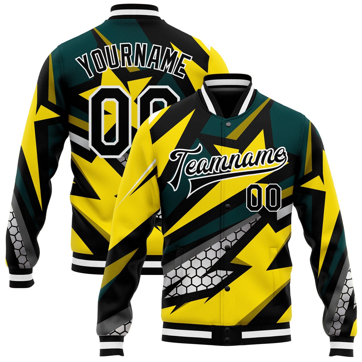 Custom Gold Black-Old Gold 3D Pattern Design Bomber Full-Snap Varsity Letterman Jacket - Main View