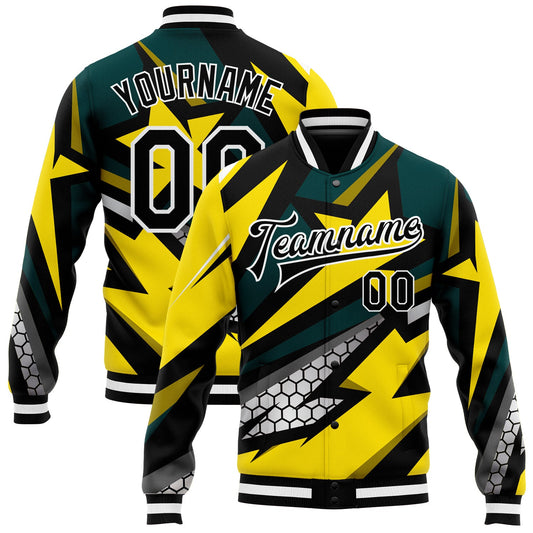 Custom Gold Black-Old Gold 3D Pattern Design Bomber Full-Snap Varsity Letterman Jacket - Main View