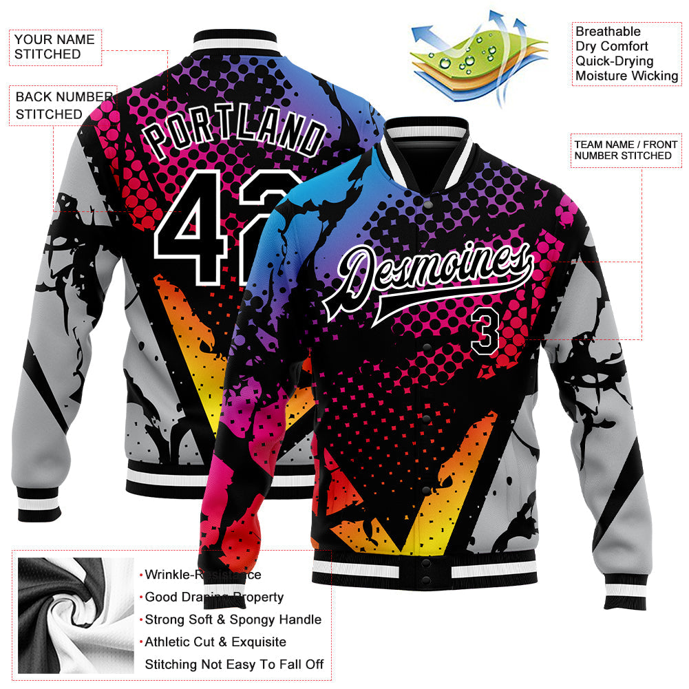 Custom Figure Black-Gray 3D Pattern Design Bomber Full-Snap Varsity Letterman Jacket view 5